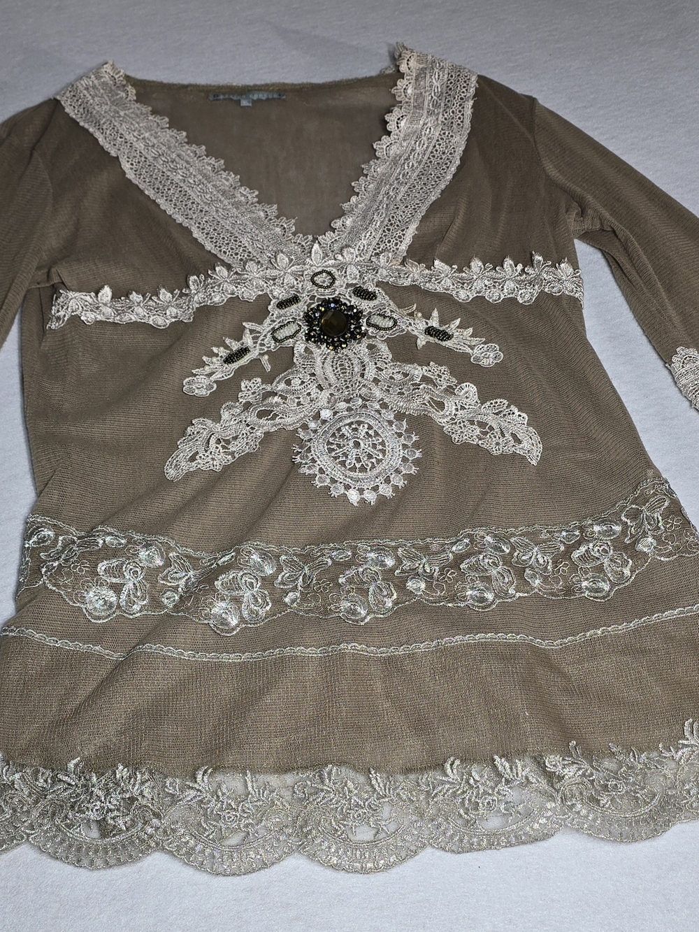 Taupe Lace-Embellished V-Neck Tunic with Center Brooch From Passion Concept XL
